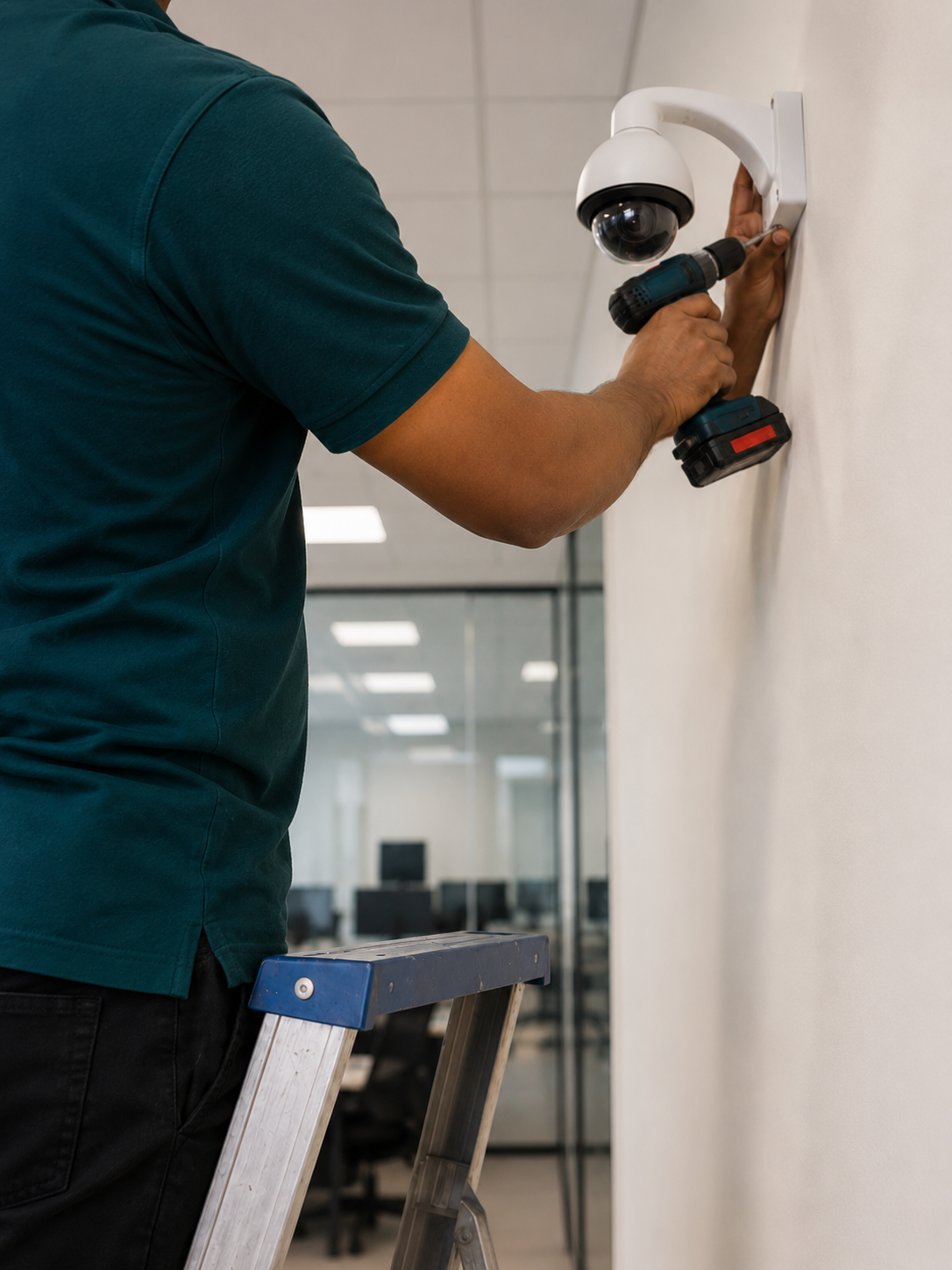 Computer House technician installing a CCTV camera in a Pune office